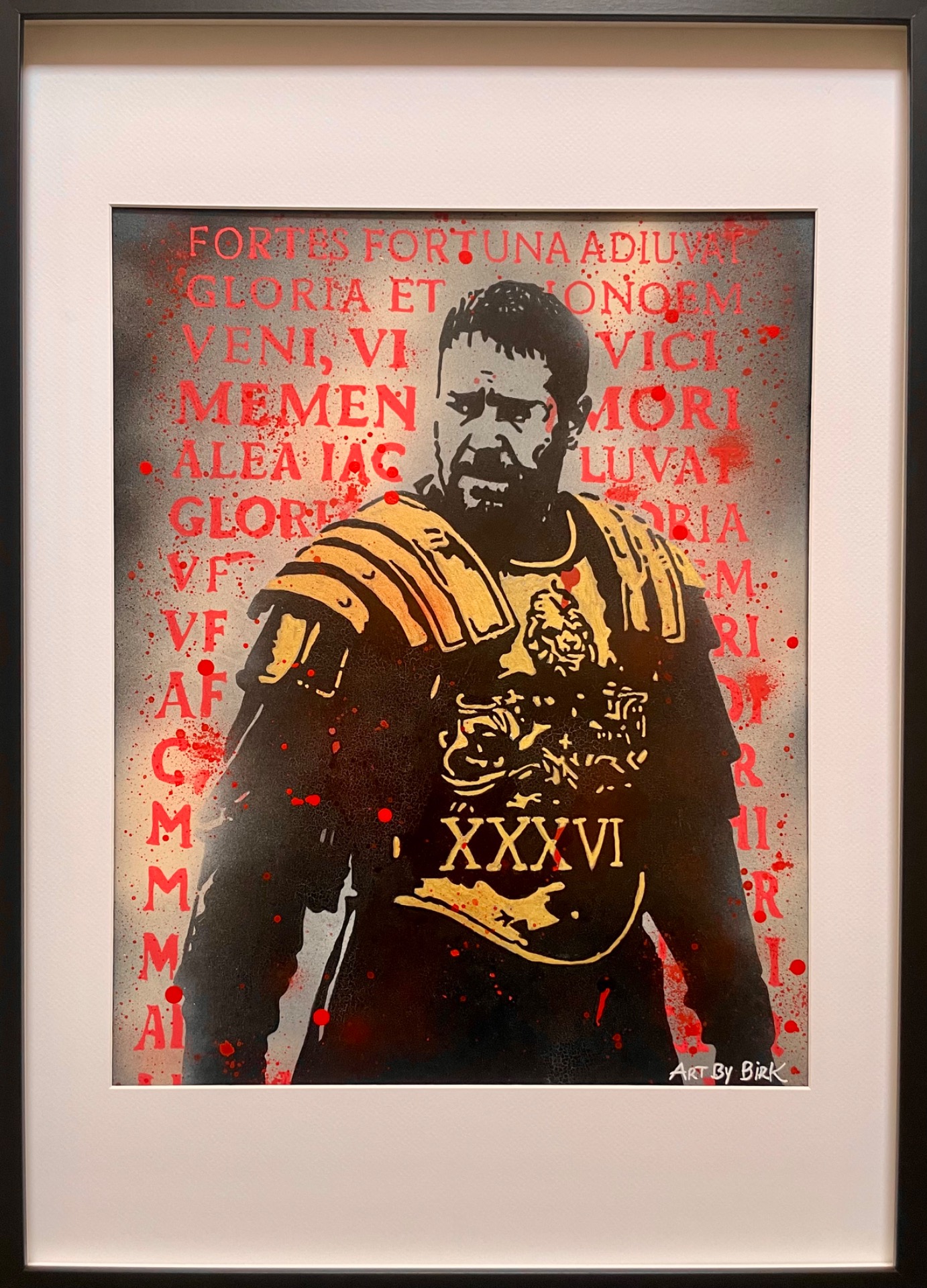 Glory XXXVI (36) – hedersbilde i streetart-stil for en ekte gladiator-fan; romertallet 36 løftet som gullmerke på brystplaten.